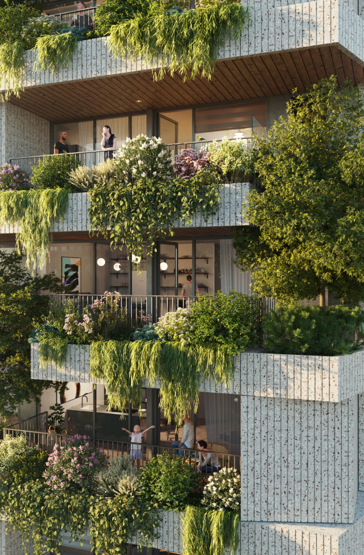 Hoogbouw met veel groene planten